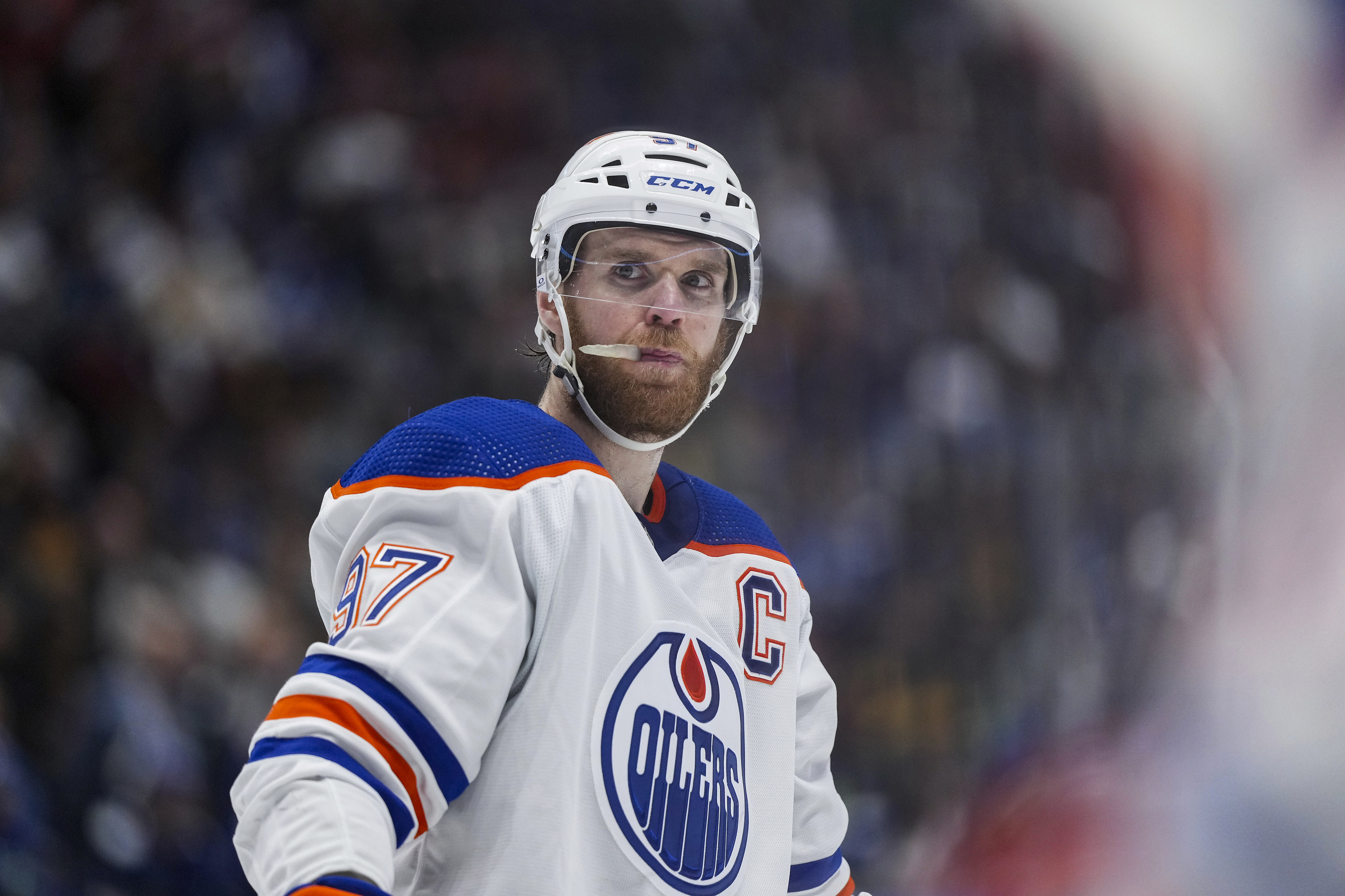 Edmonton Oilers' Connor McDavid waits to take a faceoff during the second period in Game 7 of an NHL hockey Stanley Cup second-round playoff series against the Vancouver Canucks, in Vancouver, British Columbia, on Monday, May 20, 2024. 