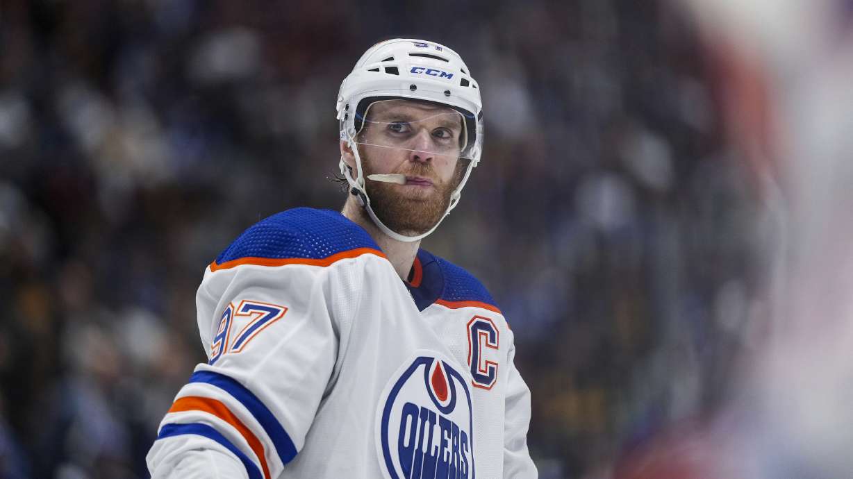 Edmonton Oilers' Connor McDavid waits to take a faceoff during the second period in Game 7 of an NHL hockey Stanley Cup second-round playoff series against the Vancouver Canucks, in Vancouver, British Columbia, on Monday, May 20, 2024.