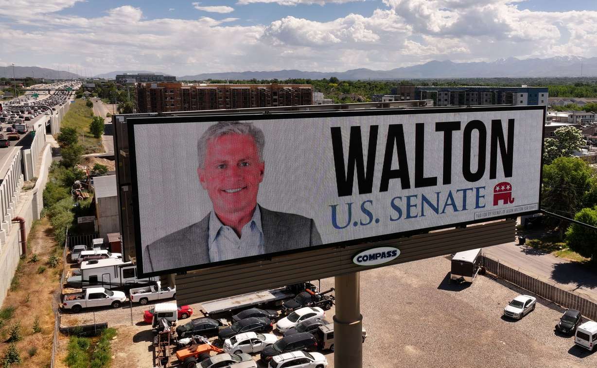 A campaign billboard for U.S. Senate candidate Jason Walton in Salt Lake County on Thursday, June 6, 2024.