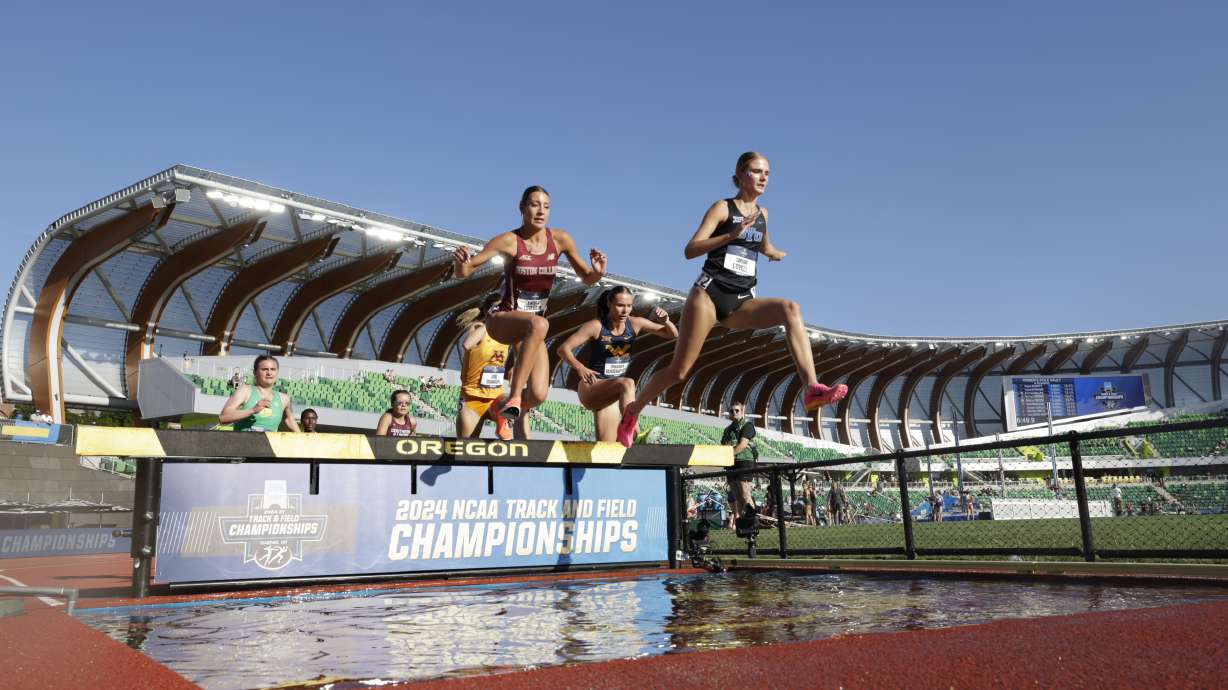 BYU's Taylor Lovell races in the 3,000-meter steeplechase semifinals at the 2024 NCAA outdoor track and field championships, Thursday, June 6, 2024, at Hayward Field in Eugene, Oregon.