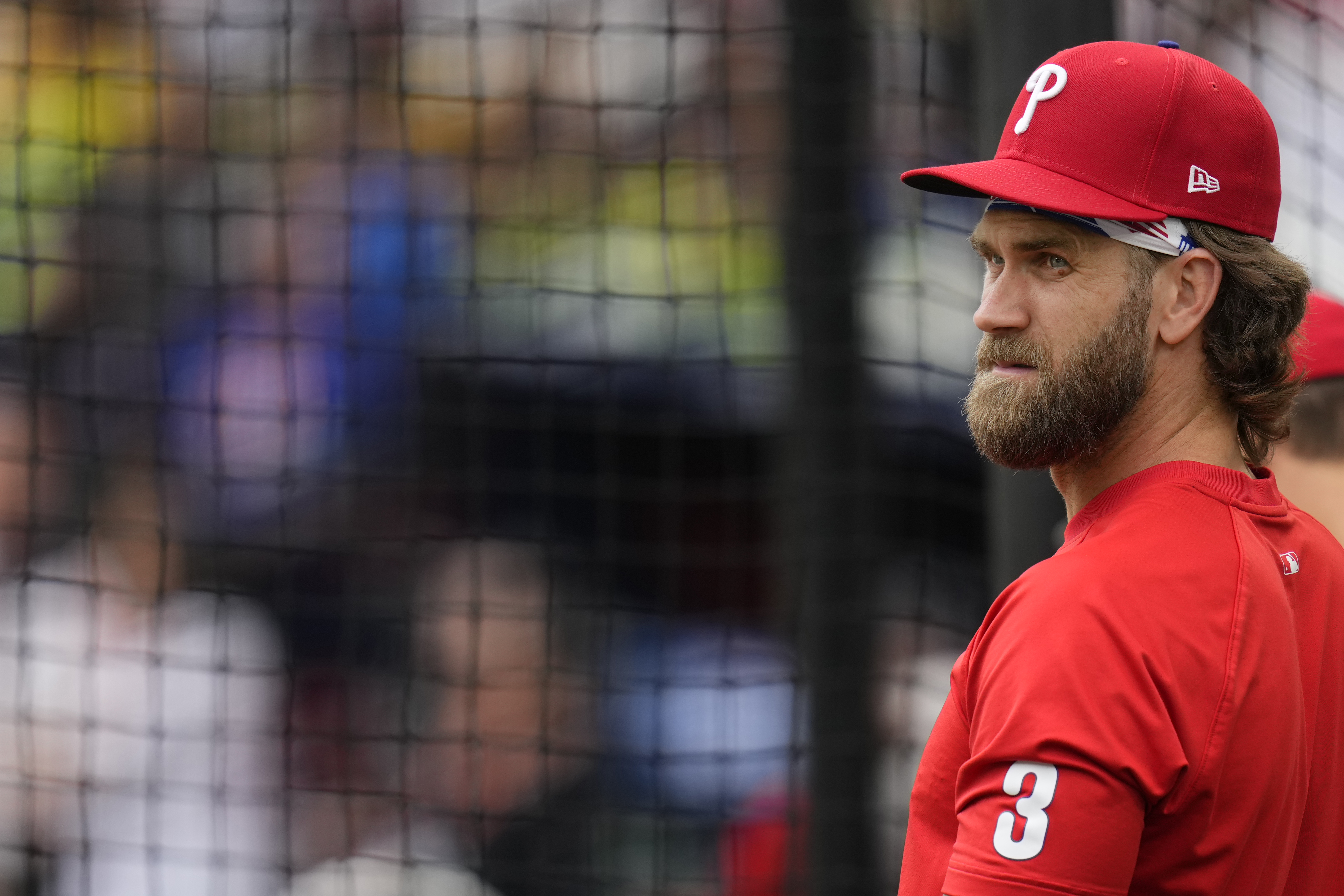 Philadelphia Phillies Bryce Harper during a workout day at the London Stadium in London, Friday, June 7, 2024. New York Mets will play games against Philadelphia Phillies at the stadium on June 8 and June 9. 
