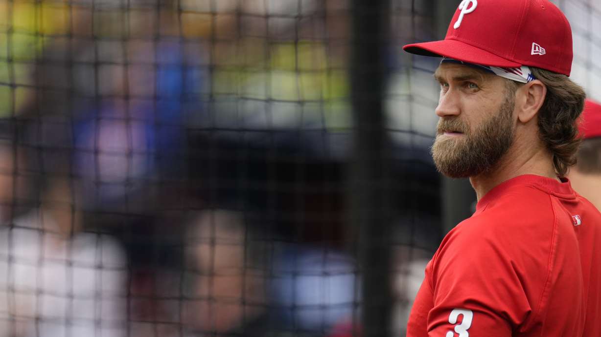 Philadelphia Phillies Bryce Harper during a workout day at the London Stadium in London, Friday, June 7, 2024. New York Mets will play games against Philadelphia Phillies at the stadium on June 8 and June 9.