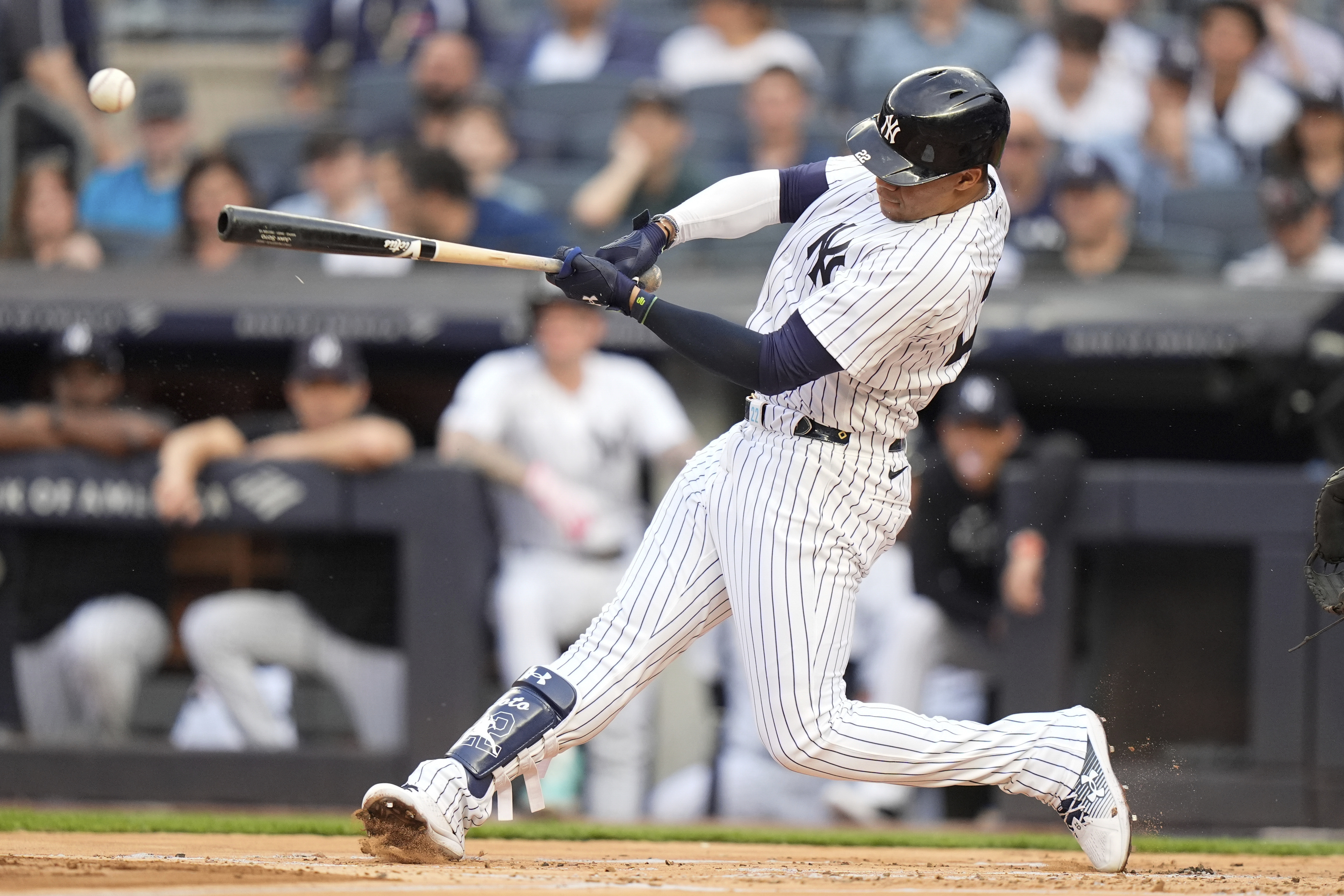 New York Yankees' Juan Soto hits a single against the Minnesota Twins during the first inning of a baseball game Wednesday, June 5, 2024, in New York. 