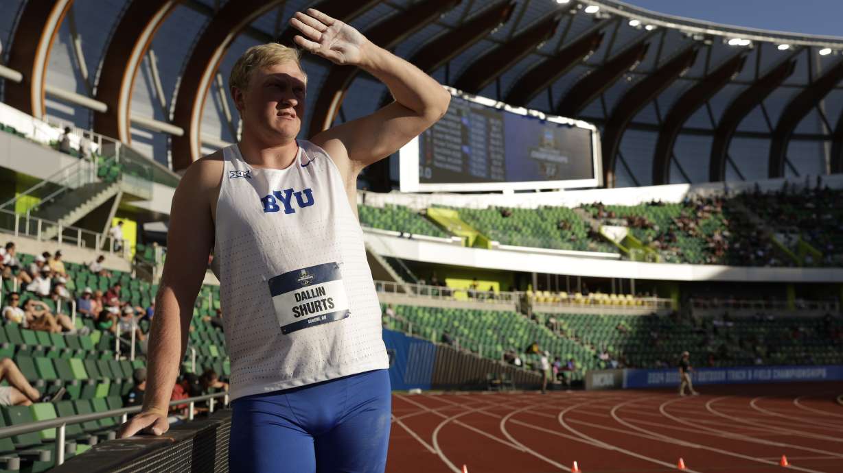 BYU's Dallin Shurts placed eighth in the men's discus at the NCAA outdoor track and field championships, Friday, June 7, 2024 at Hayward Field in Eugene, Oregon.