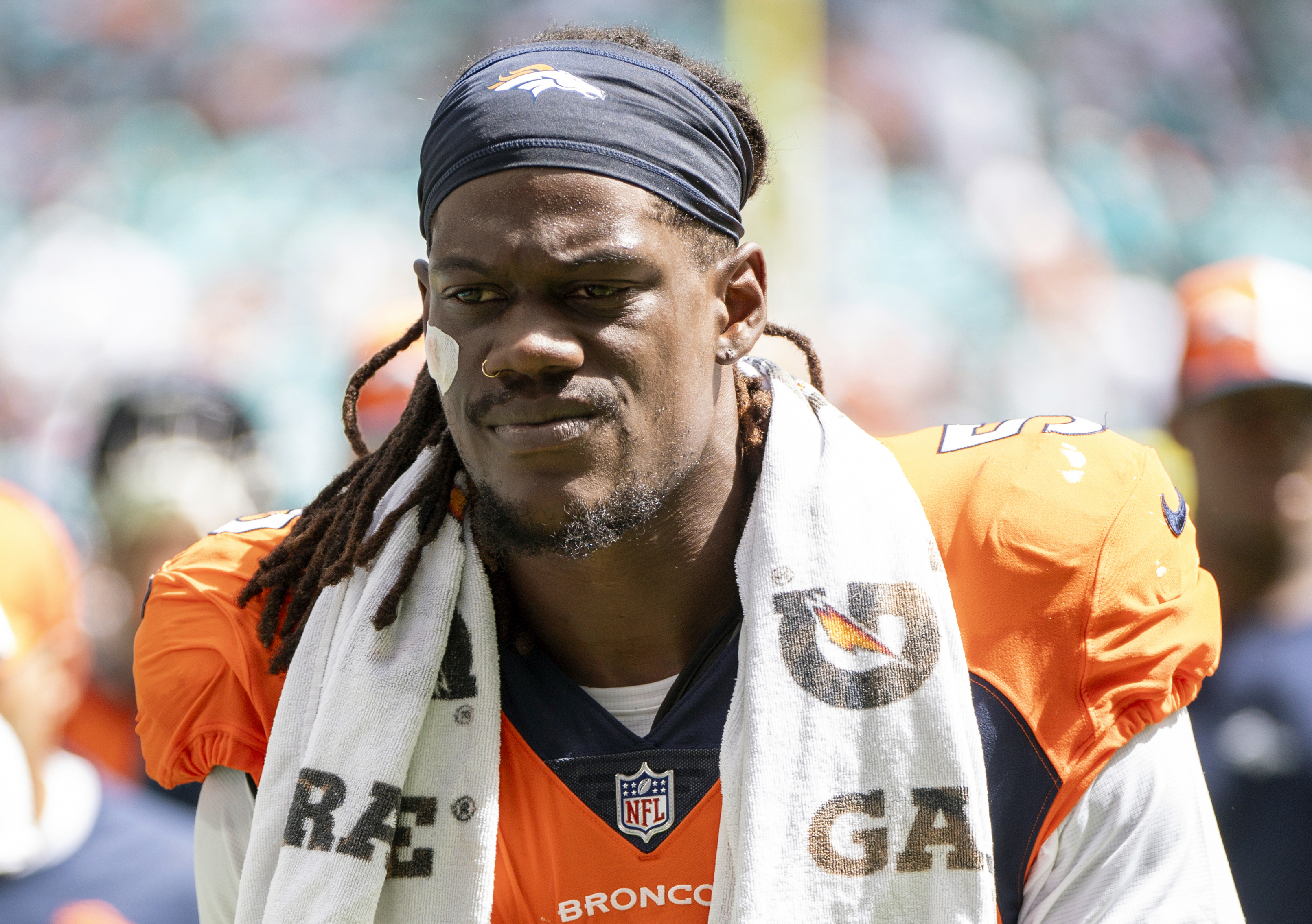 FILE - Denver Broncos linebacker Randy Gregory (5) walks off the field at the the end of the first half of an NFL football game against the Miami Dolphins, Sunday, Sept. 24, 2023, in Miami Gardens, Fla. Gregory is suing the NFL and the Broncos claiming discrimination over being fined $532,500 for taking medication containing THC for disabilities during his brief time in Denver. In the complaint filed this week in Arapahoe County District Court, the 31-year-old pass rusher who now plays for the Tampa Bay Buccaneers said he was prescribed Dronabinol for social anxiety and post-traumatic stress disorders but was denied accommodations to treat those disabilities with that medicine. The NFL and the Broncos both declined to comment on Gregory's lawsuit when reached by The Associated Press on Friday, June 7, 2024. 