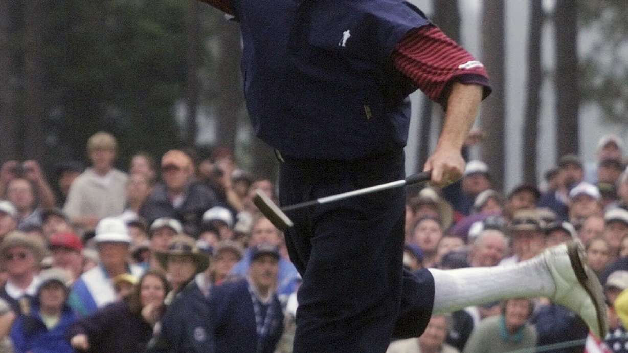 FILE - Payne Stewart celebrates after winning the U.S. Open golf championship at Pinehurst No. 2 in Pinehurst, N.C., June 20, 1999. The U.S. Open returns to Pinehurst for the fourth time, June 13-16, 2024.