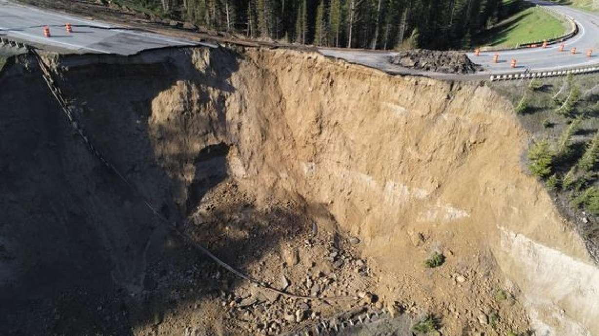 A roadway along Teton Pass, just west of Jackson, has disintegrated and washed down the mountain side Saturday, after separate incidents closed the route twice over the last two days.