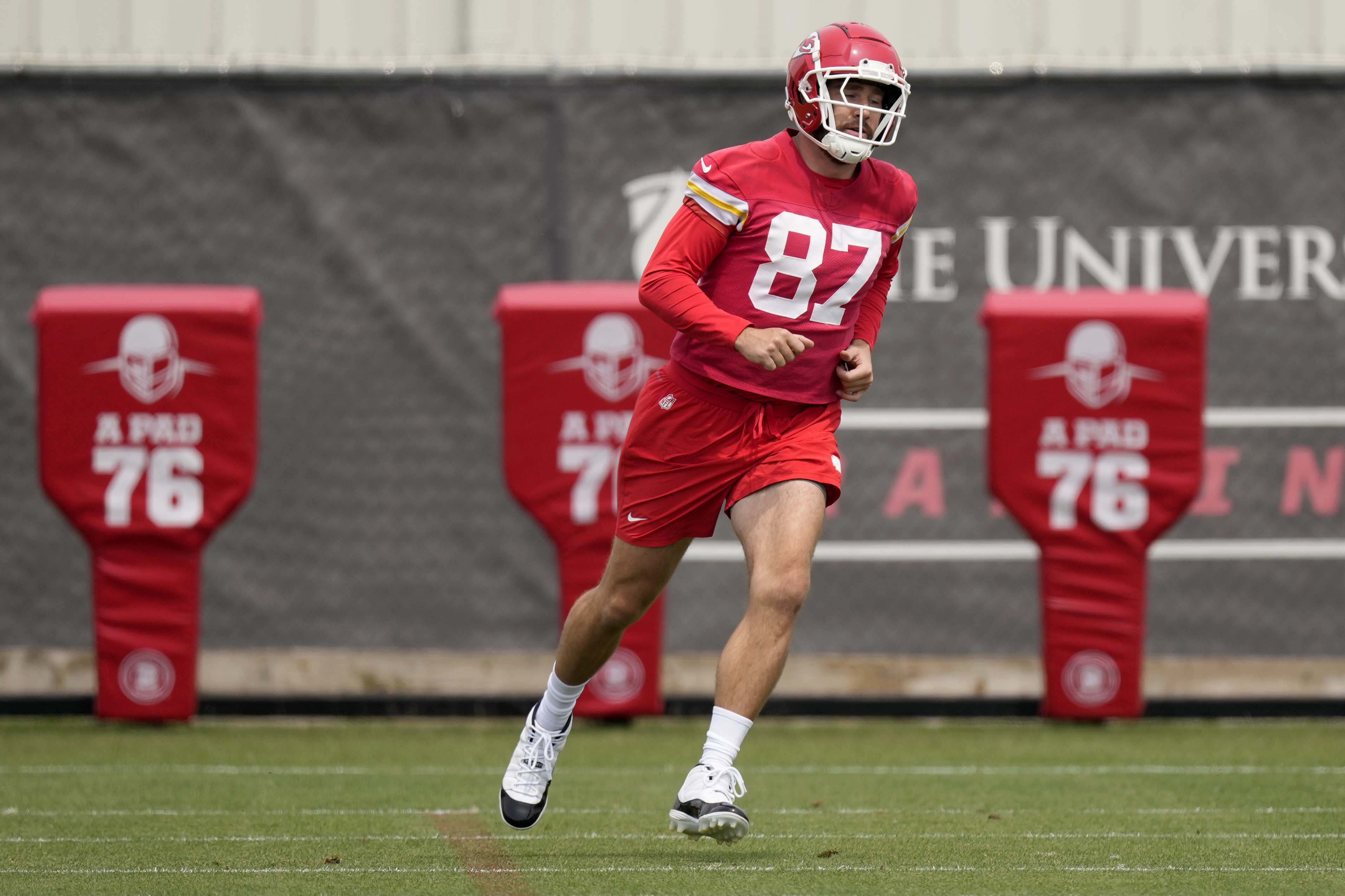 Kansas City Chiefs tight end Travis Kelce runs during the NFL football team's organized team activities Thursday, May 30, 2024, in Kansas City, Mo. 