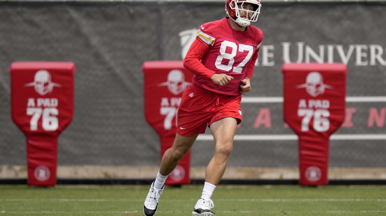 Kansas City Chiefs tight end Travis Kelce runs during the NFL football team's organized team activities Thursday, May 30, 2024, in Kansas City, Mo.