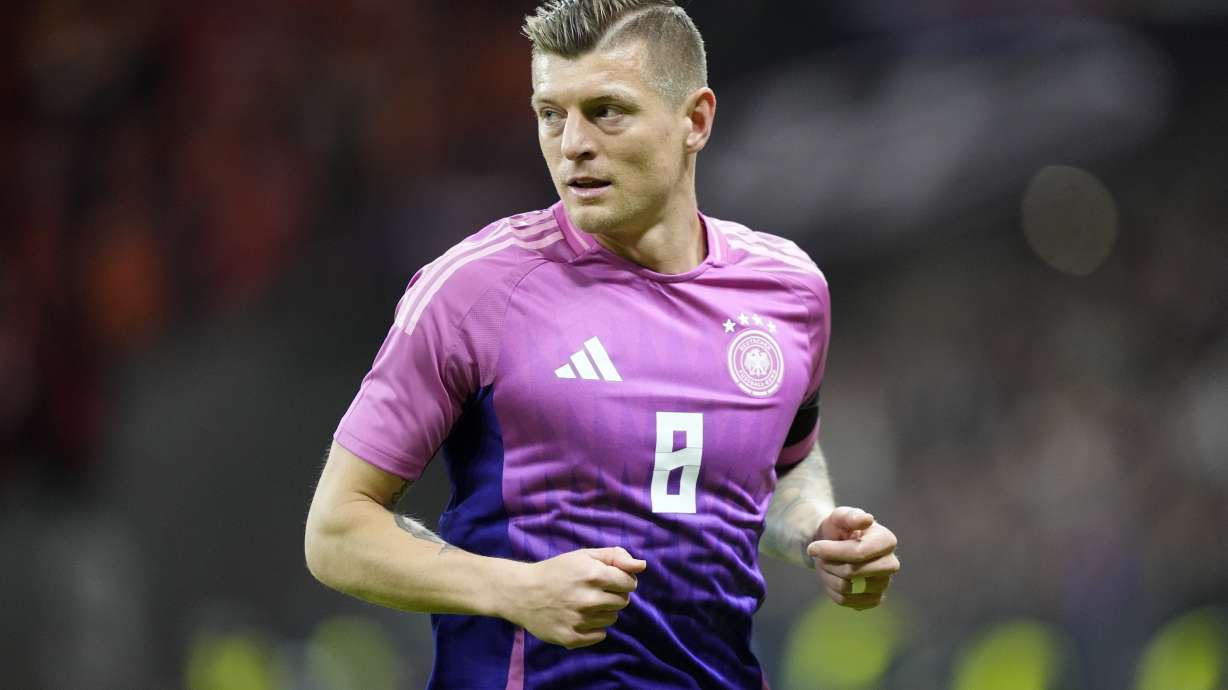 FILE - Germany's Toni Kroos plays during the international friendly soccer match between Germany and Netherlands in Frankfurt, Germany, Tuesday, March 26, 2024.