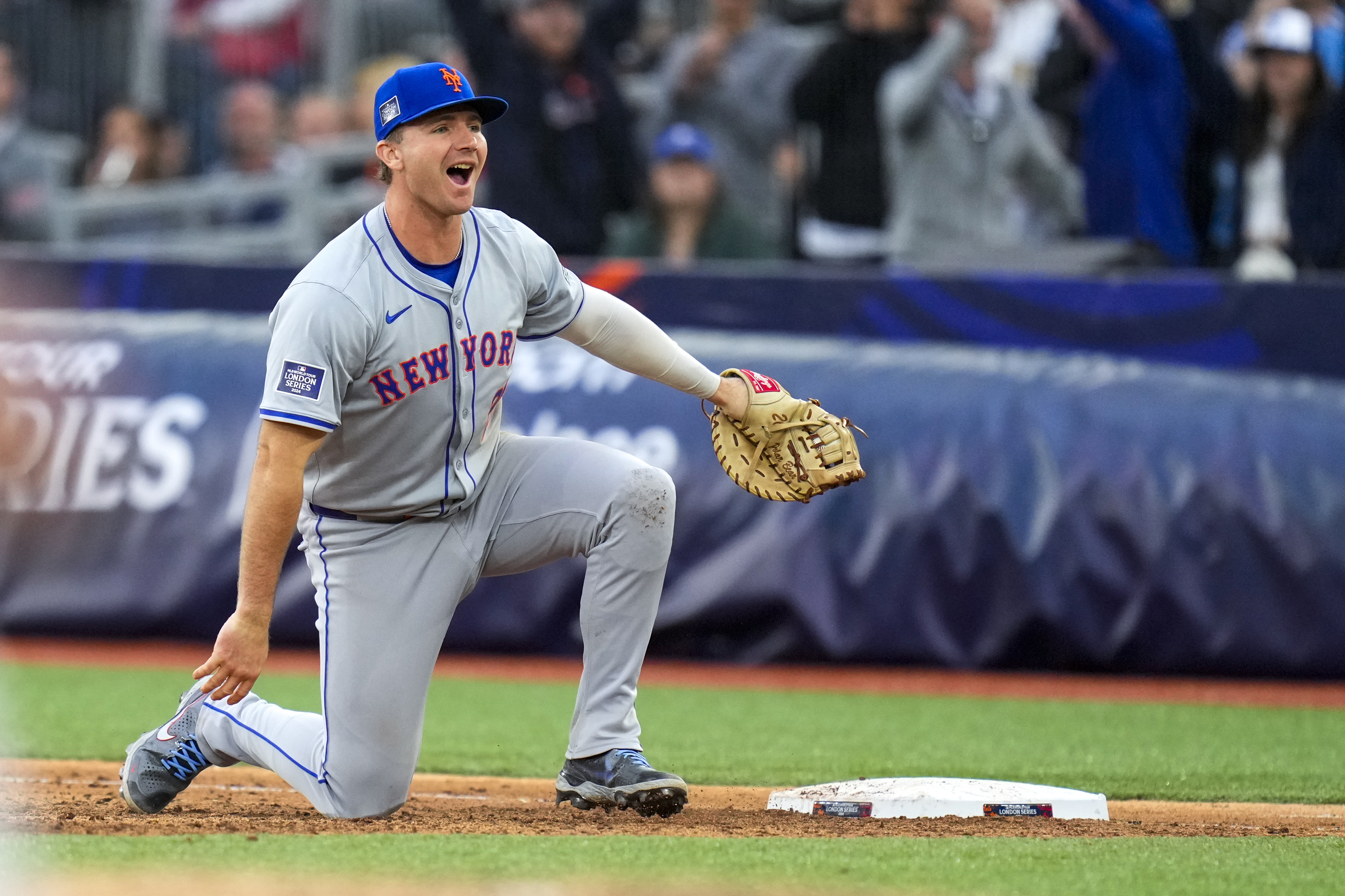 New York Mets first base Pete Alonso reacts after catching a throw from catcher Luis Torrens during a game-ending double play on a ball hit by Philadelphia Phillies' Nick Castellanos during a London Series baseball game at The London Stadium, in London, Sunday, June 9, 2024. The Mets won 6-5. 