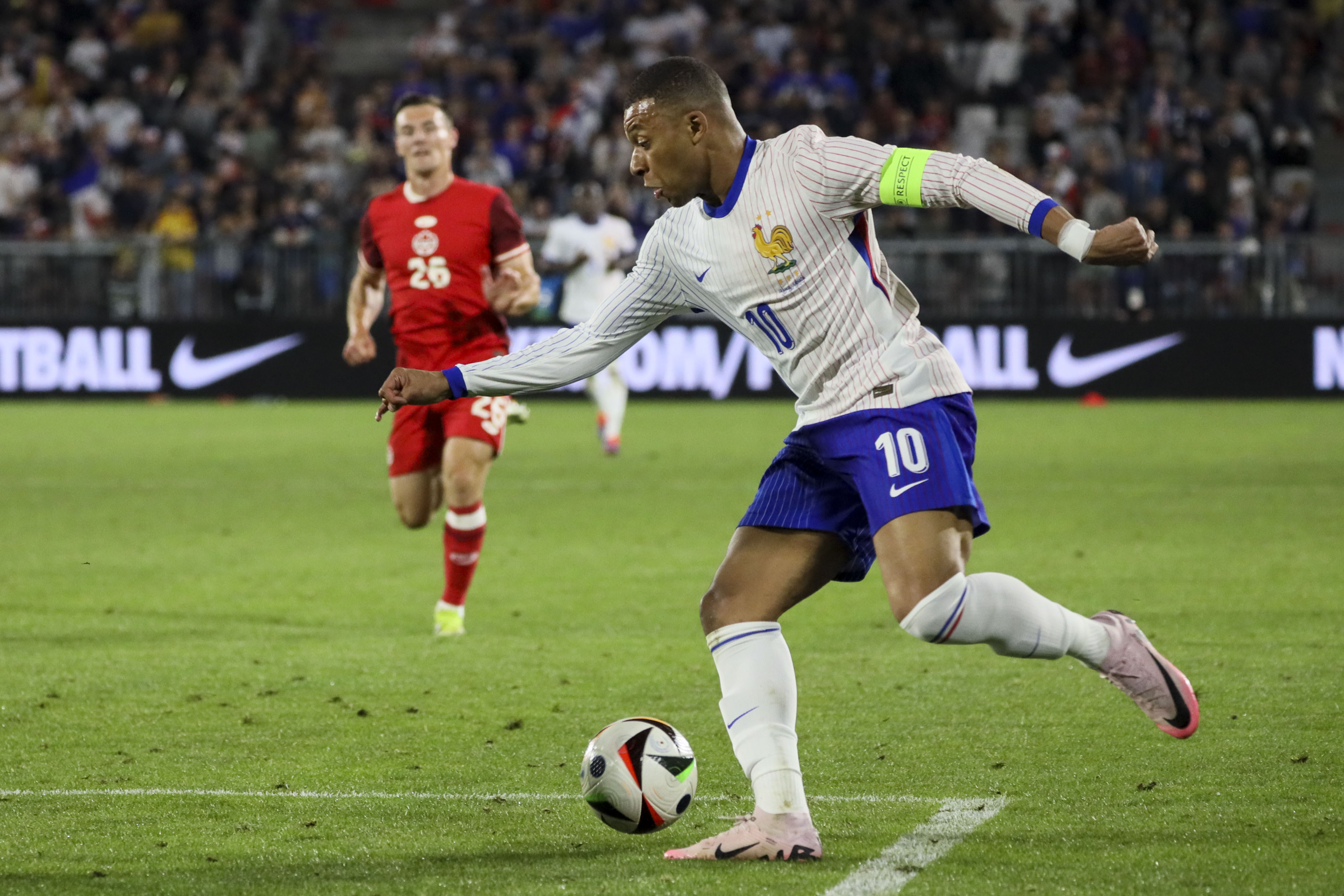 France's Kylian Mbappe controls the ball during the international friendly soccer match between France and Canada at the Matmut Atlantique stadium in Bordeaux, southwestern France, Sunday, June 9, 2024. 