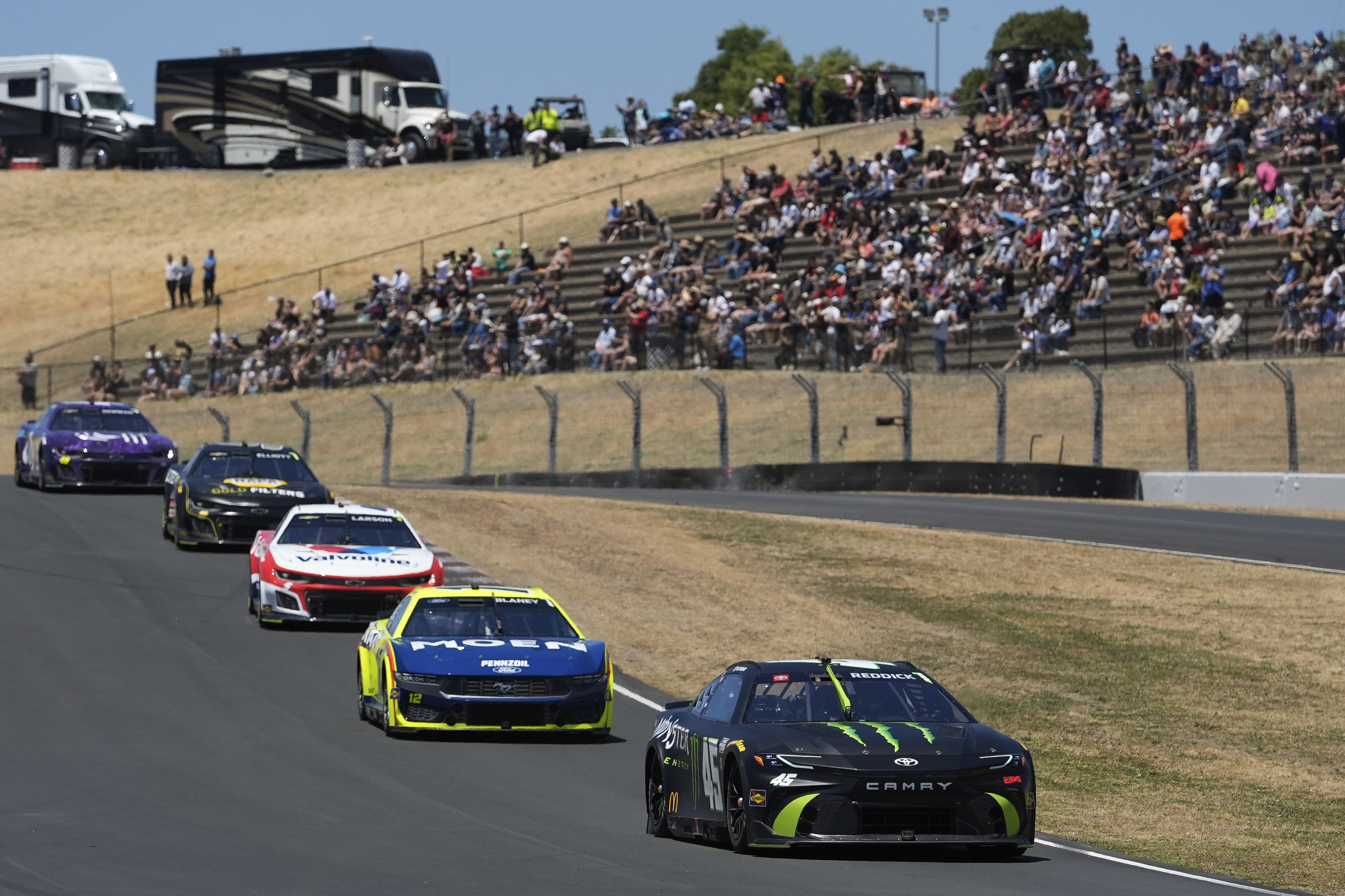 Tyler Reddick (45) drives during a NASCAR Cup Series auto race at Sonoma Raceway, Sunday, June 9, 2024, in Sonoma, Calif.