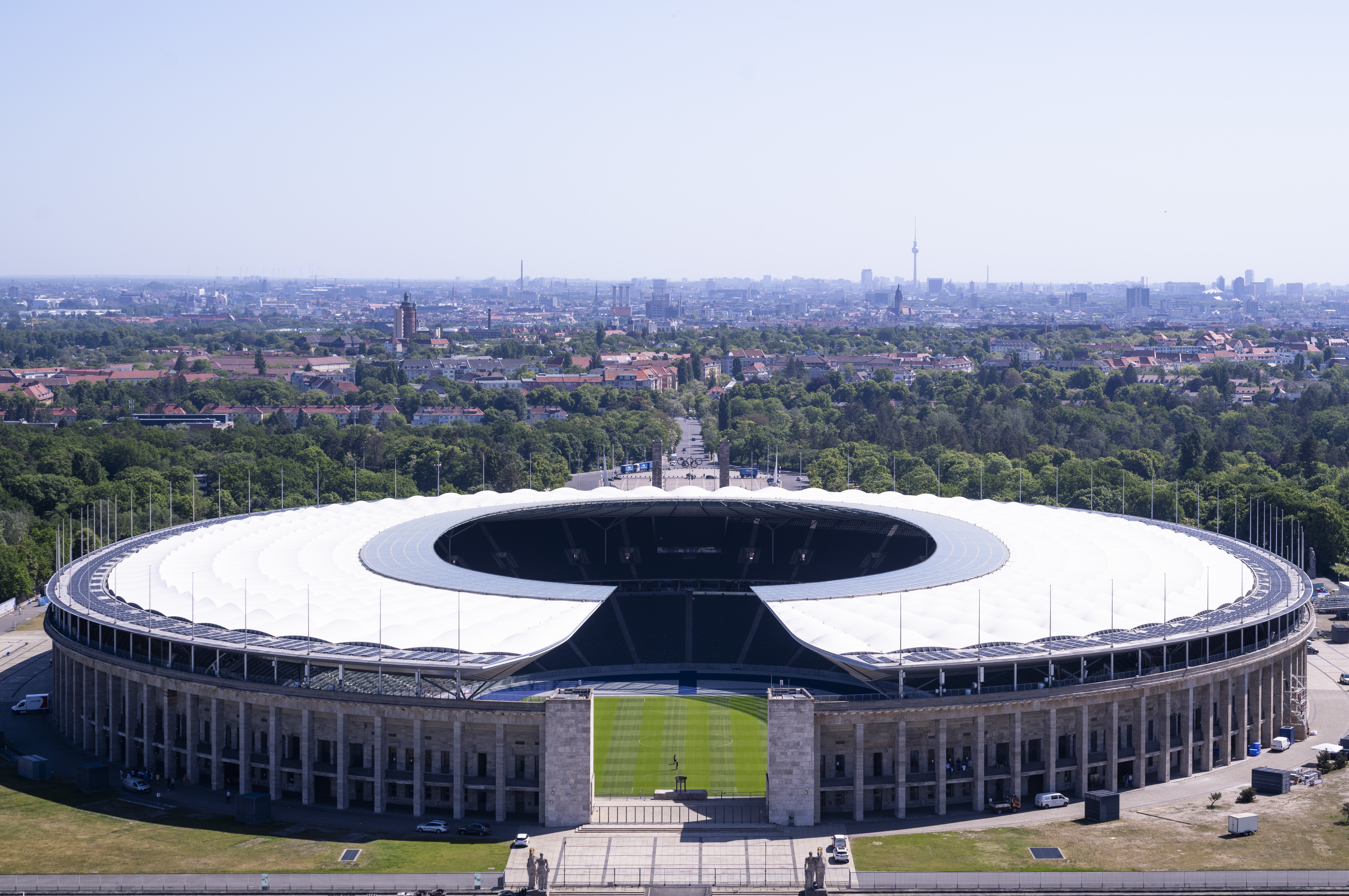 FILE - The Olympic Stadium photographed in Berlin, Germany, Tuesday, May 14, 2024. The stadium will host the final and 5 other matches during European Soccer Championships 2024 in Germany. The European Championship in Germany is all about tried and tested stadiums with a rich soccer history. Unlike at some recent World Cups, there's been no rush to finish stadiums on time. 