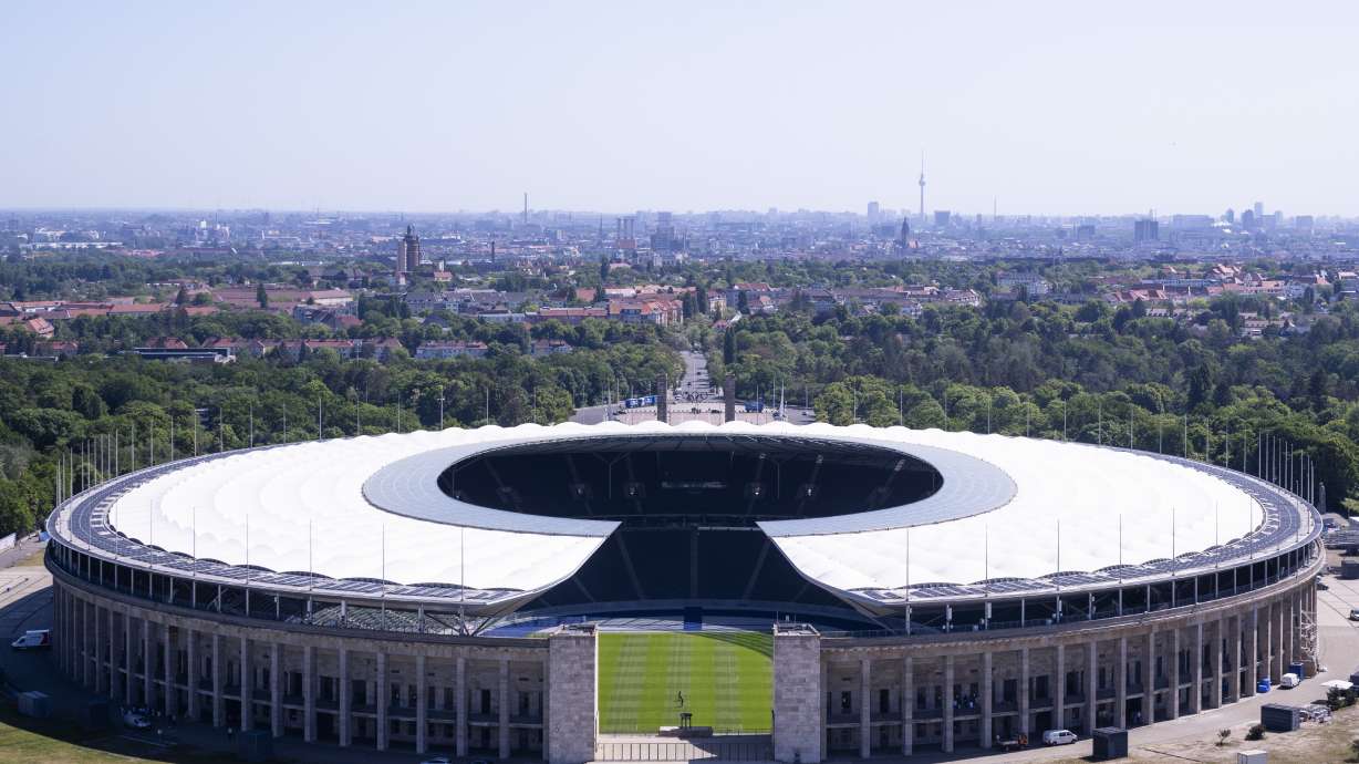 FILE - The Olympic Stadium photographed in Berlin, Germany, Tuesday, May 14, 2024. The stadium will host the final and 5 other matches during European Soccer Championships 2024 in Germany. The European Championship in Germany is all about tried and tested stadiums with a rich soccer history. Unlike at some recent World Cups, there's been no rush to finish stadiums on time.
