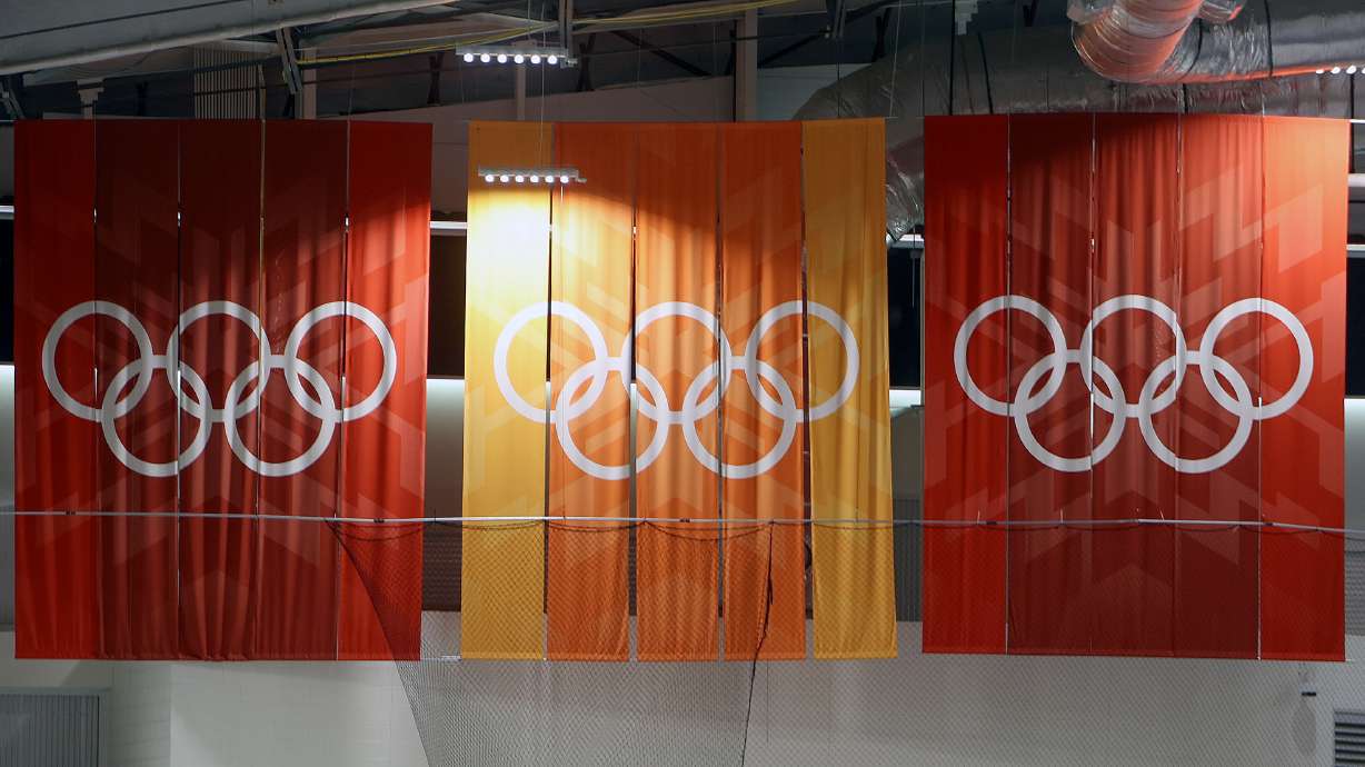 Olympic ring banners hang at the Utah Olympic Oval in Kearns on April 12. The Salt Lake City-Utah Committee for the Games unveiled its proposed 2034 Winter Olympics operating budget on Monday.