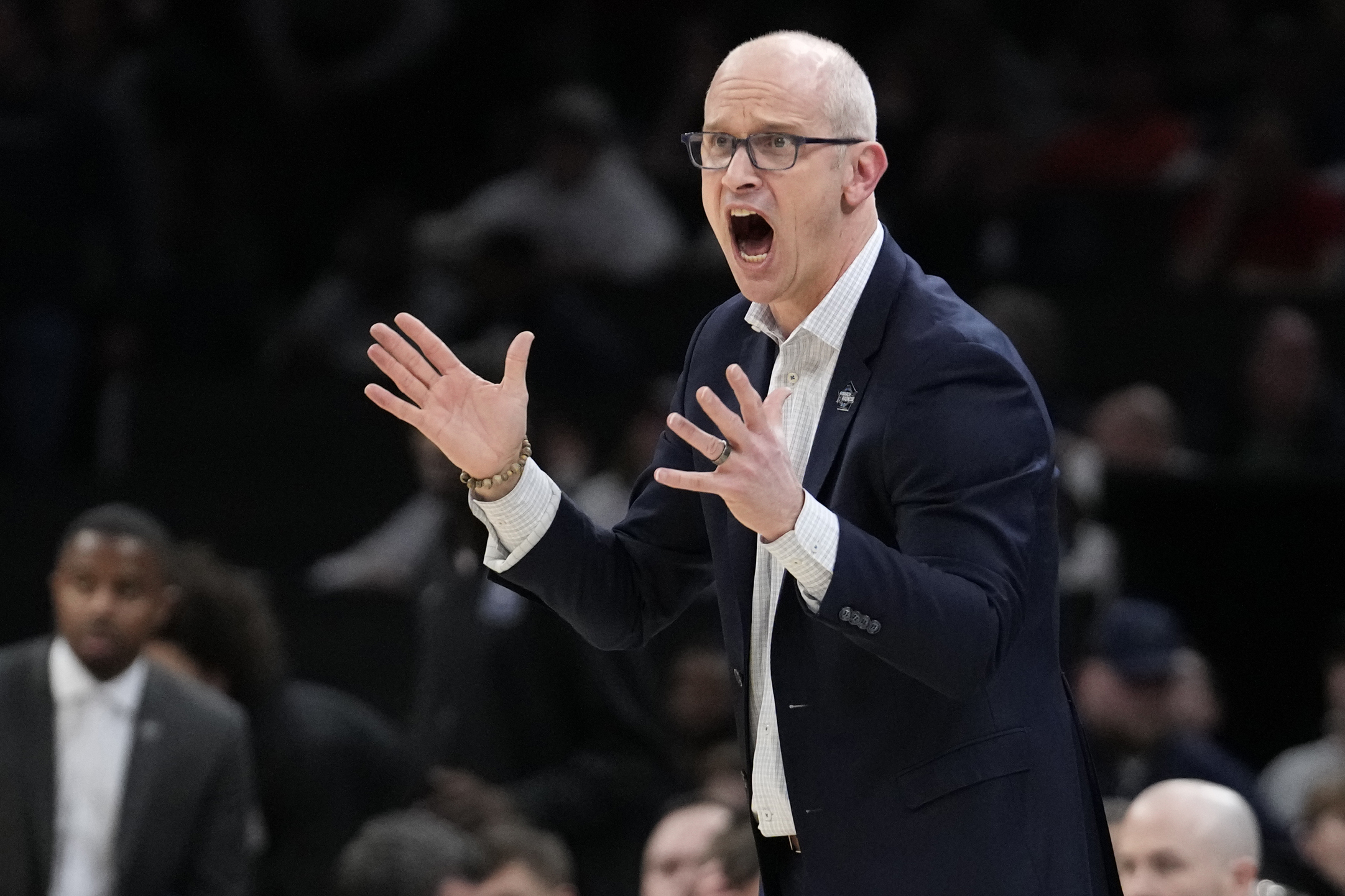 FILE - UConn head coach Dan Hurley calls towards his players during the first half of the Elite 8 college basketball game against Illinois in the men's NCAA Tournament, Saturday, March 30, 2024, in Boston. The Los Angeles Lakers’ reported plan to offer a massive contract to UConn coach Dan Hurley is the latest twist in the monthlong race to replace Darvin Ham. 