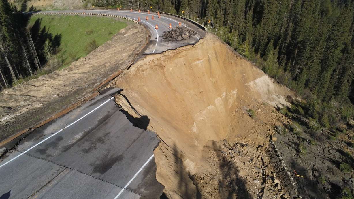 An aerial image showing the section of Teton Pass that washed out on Saturday following mudslides in the area. There's no timeline for the highway to be repaired yet.