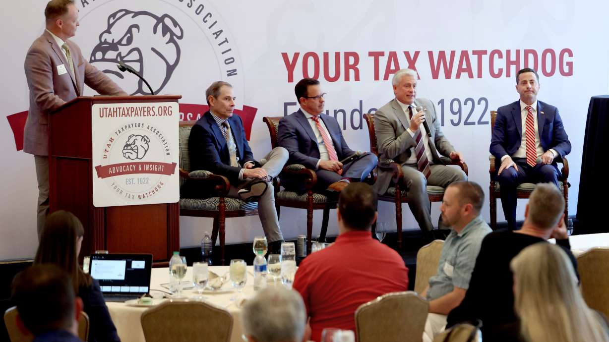 Rusty Cannon, president of the Utah Taxpayers Association, moderates a discussion with United States Senate candidates John Curtis, Brad Wilson, Jason Walton and Trent Staggs at the Utah Taxpayers Association Annual Taxes Now Conference at The Grand America Hotel in Salt Lake City on May 10.