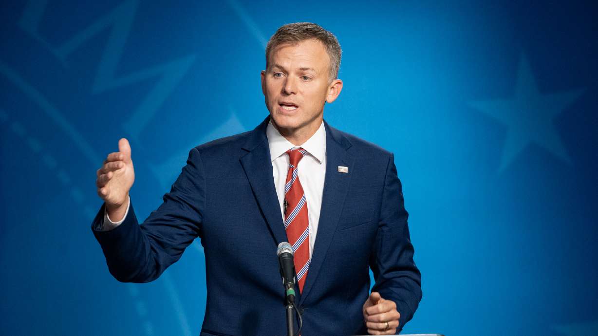 Rep. Blake Moore during a 1st Congressional District GOP primary debate at the Eccles Broadcast Center in Salt Lake City, Monday. Moore has endorsed Rep. John Curtis in Utah's race for U.S. Senate.