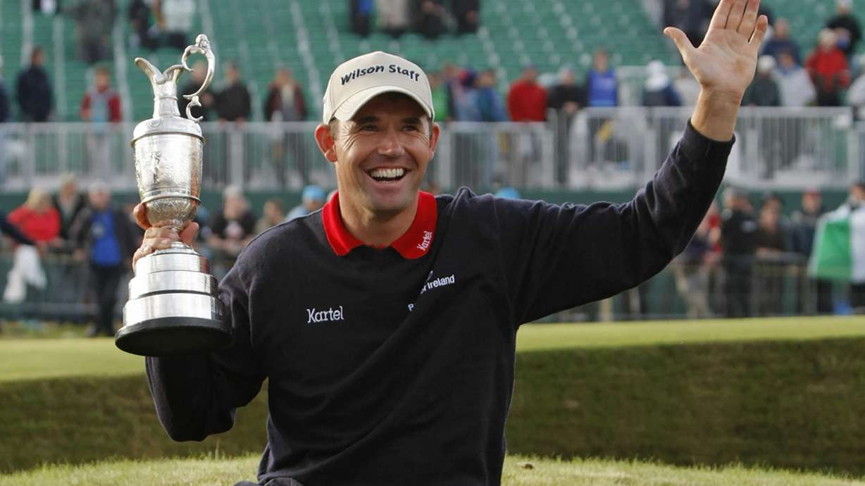FILE - Ireland's Padraig Harrington holds the trophy after winning the British Open Golf Championship at Carnoustie, Scotland, July 22, 2007. Harrington is to be inducted into the World Golf Hall of Fame, Monday, June 10, 2024, in Pinehurst, N.C.