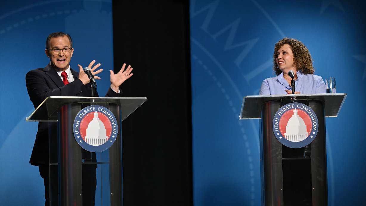 Utah’s 2nd Congressional District debate between Colby Jenkins and Congresswoman Celeste Maloy at the KUED studios at the University of Utah in Salt Lake City on Monday.