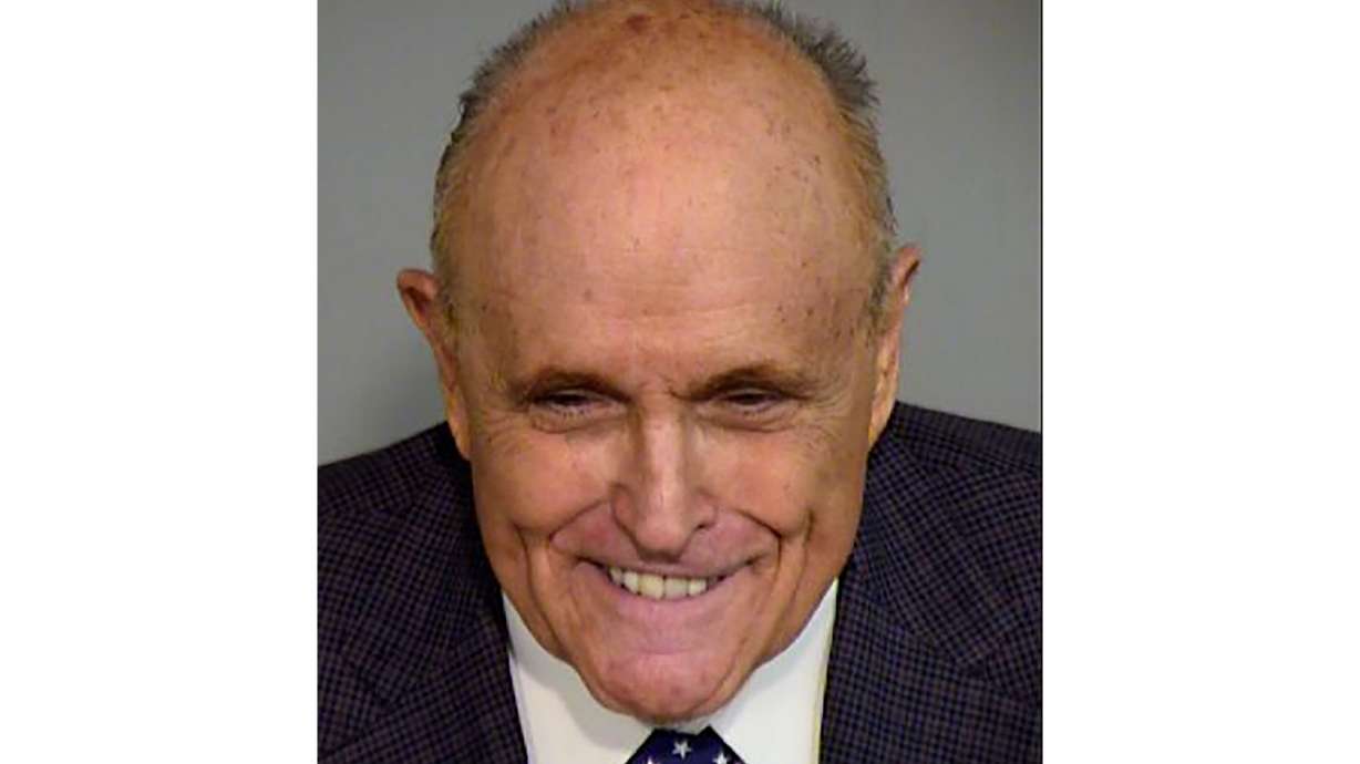 This photo released by the Maricopa County, Ariz., Sheriff's Office on Monday, shows former New York City mayor and Donald Trump attorney Rudy Giuliani. Giuliani was processed Monday in the criminal case over the effort to overturn Trump’s Arizona election loss to Joe Biden.