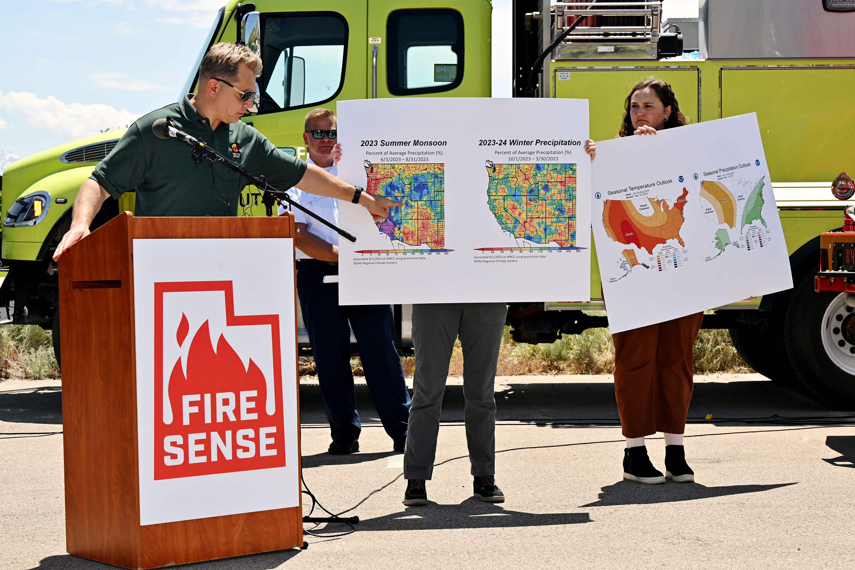 Lead meteorologist at the Great Basin Coordination Center Basil Newmerzhychy speaks as he joins with Gov. Cox and other officials to bring awareness to the potential of fires during a press conference at This Is The Place Heritage Park in Salt Lake City on Monday.