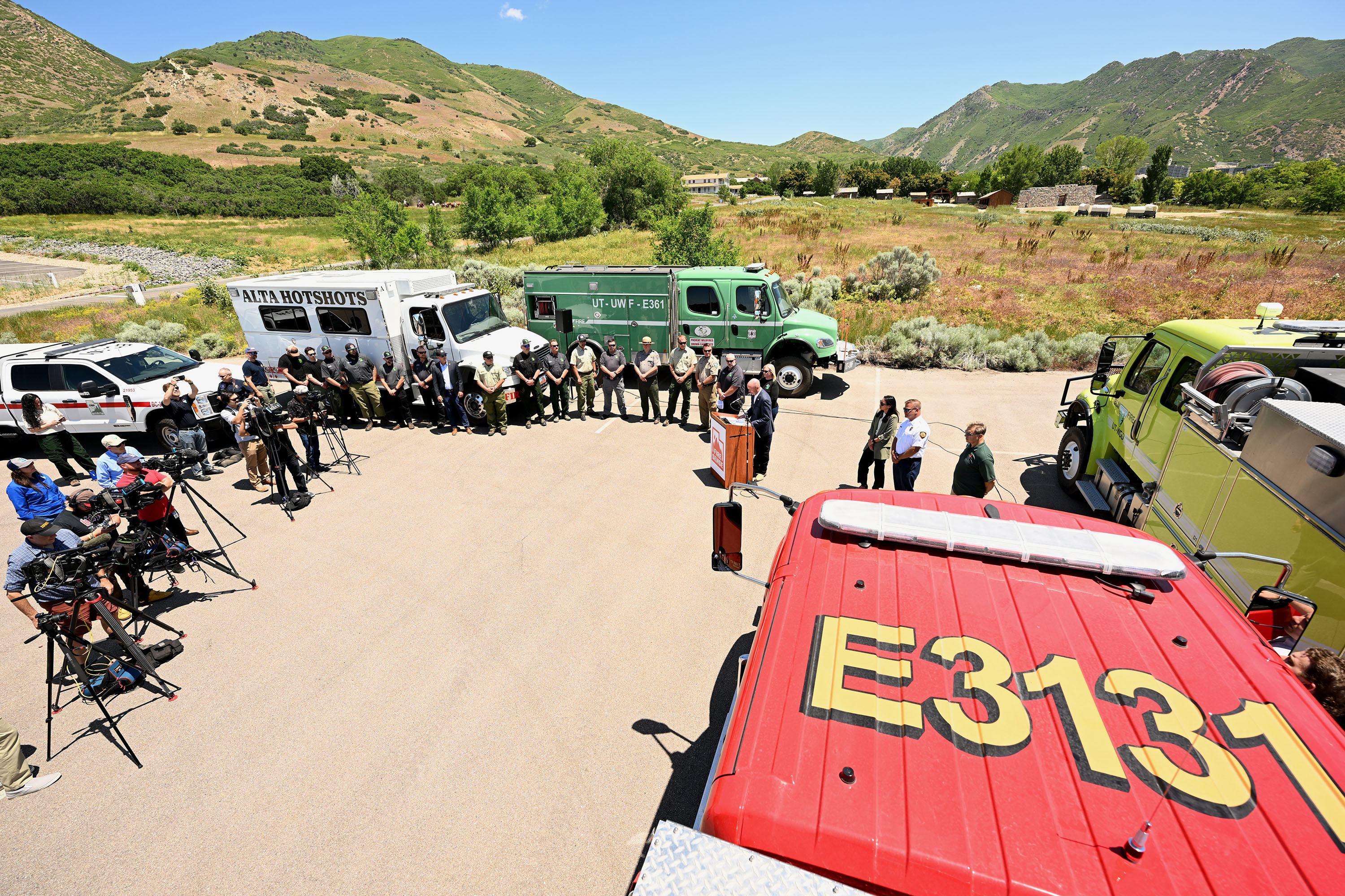 Gov. Cox and other officials gather to bring awareness to the potential of fires during a press conference at This Is The Place Heritage Park in Salt Lake City on Monday.