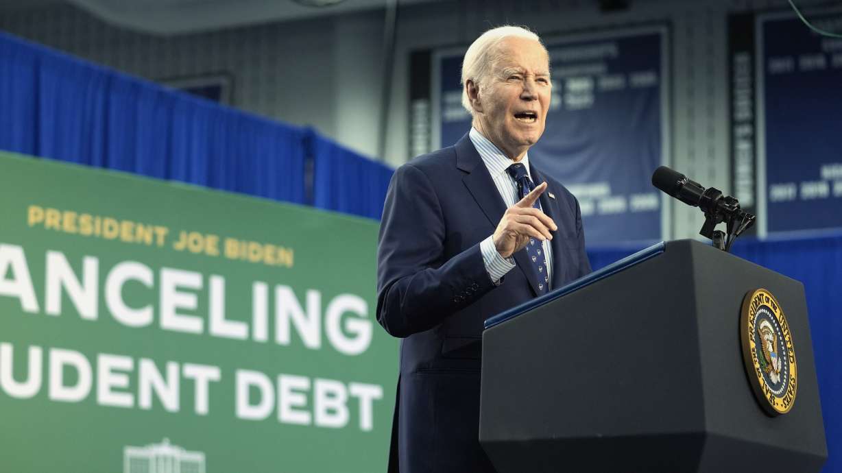 President Joe Biden speaks about student loan debt in Madison, Wis., April 8. A survey found just three in 10 U.S. adults say they approve of how Biden has handled the issue of student loan debt, while four in 10 disapprove.