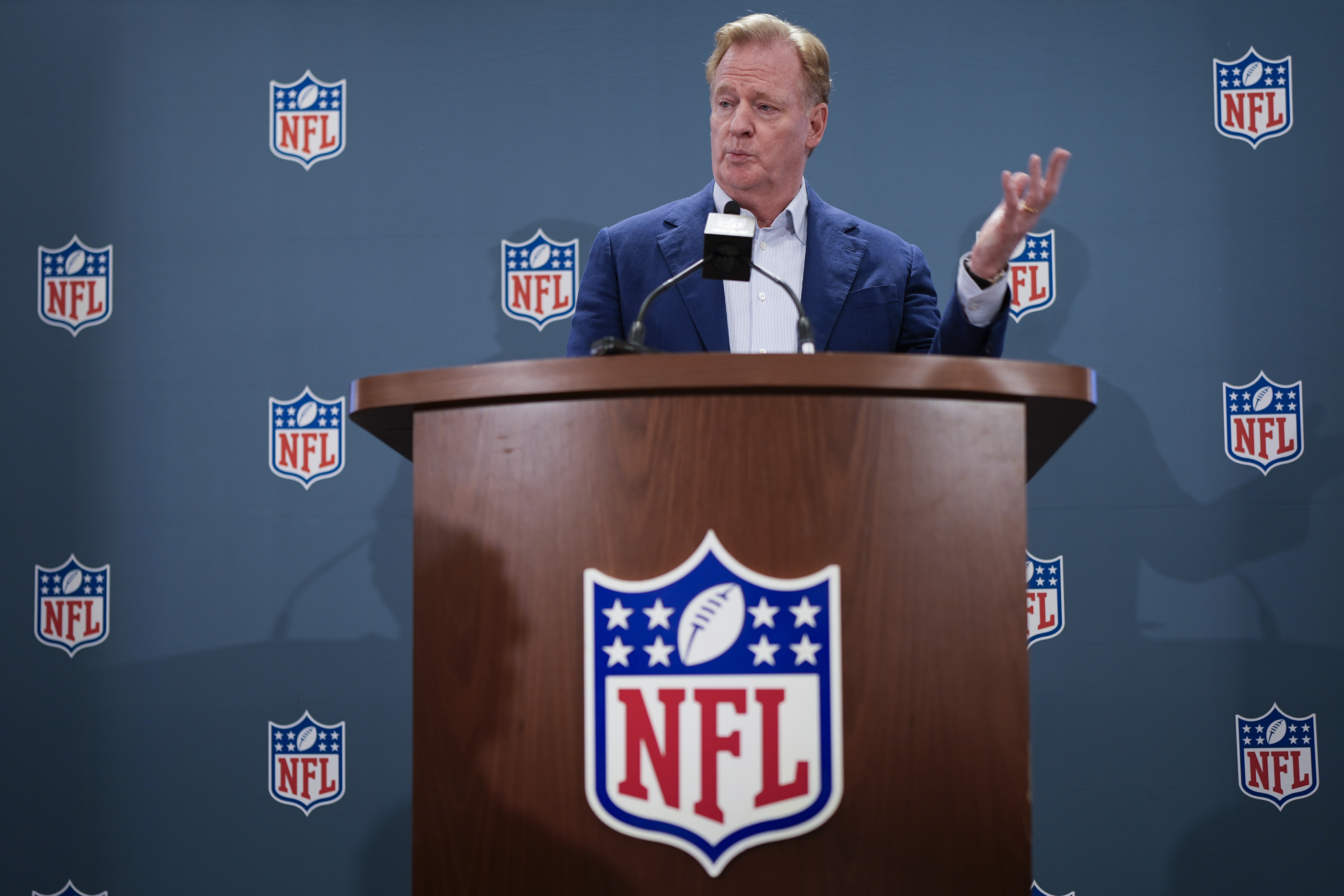 NFL Commissioner Roger Goodell responds to questions during a news conference after the football league's owners spring meetings Wednesday, May 22, 2024, in Nashville, Tenn. 
