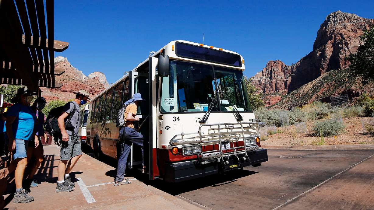 Visitors board a shuttle at Zion National Park on Oct. 14, 2020. A report cited by CNN indicates that more than a million water bottles across the globe are sold every minute, and global sales could double by 2030.