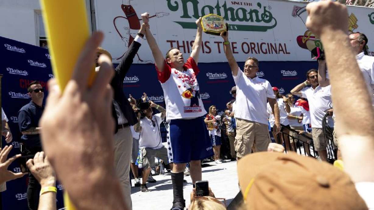 Joey Chestnut celebrates winning Nathan's Famous Fourth of July hot dog-eating contest in Coney Island on July 4, 2022, in New York. Organizers announced Tuesday Chestnut won’t compete in this year’s competition due to a contract dispute.