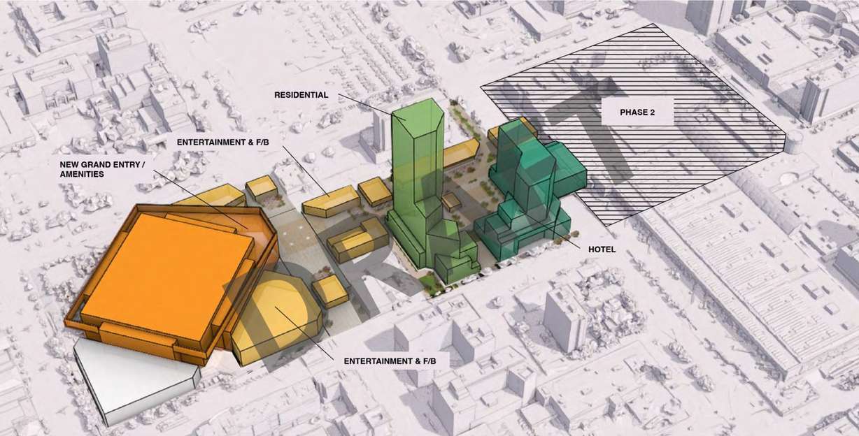 A rendering of a proposed "sports, entertainment, culture and convention center" surrounding a renovated Delta Center.