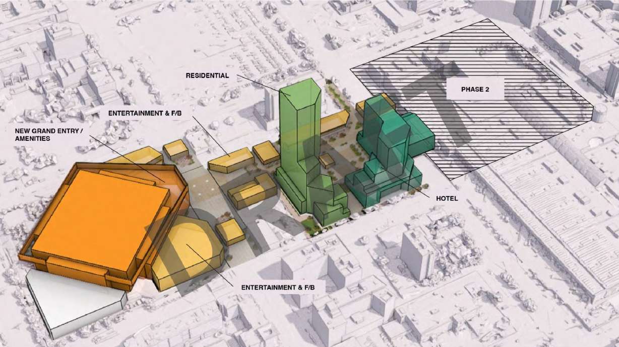 A draft rendering of a proposed "sports, entertainment, culture and convention center" surrounding a renovated Delta Center.