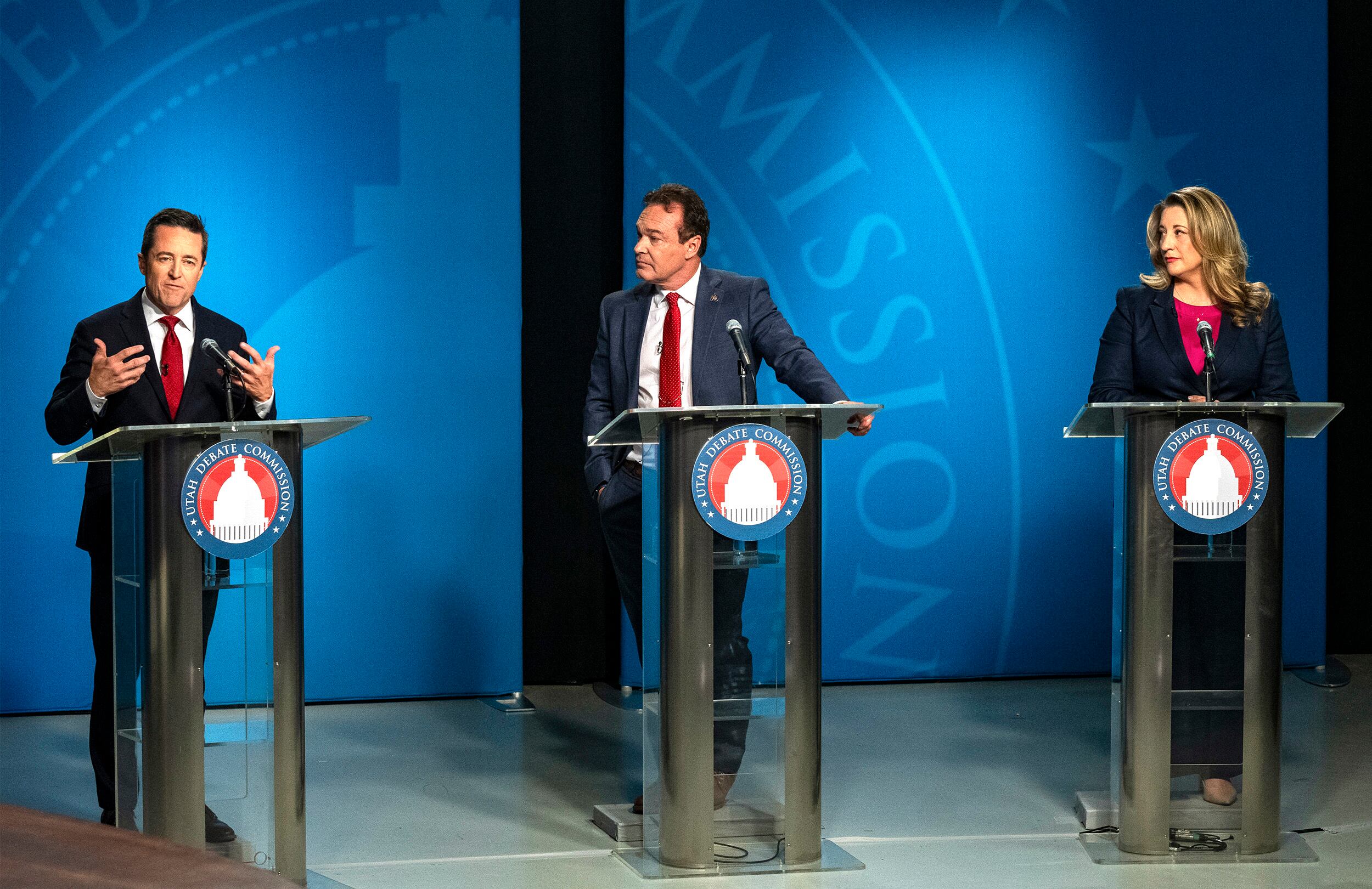 The attorney general GOP primary debate between Derek Brown, Frank Mylar and Rachel Terry, at the KUED studio in Salt Lake City on Tuesday. 