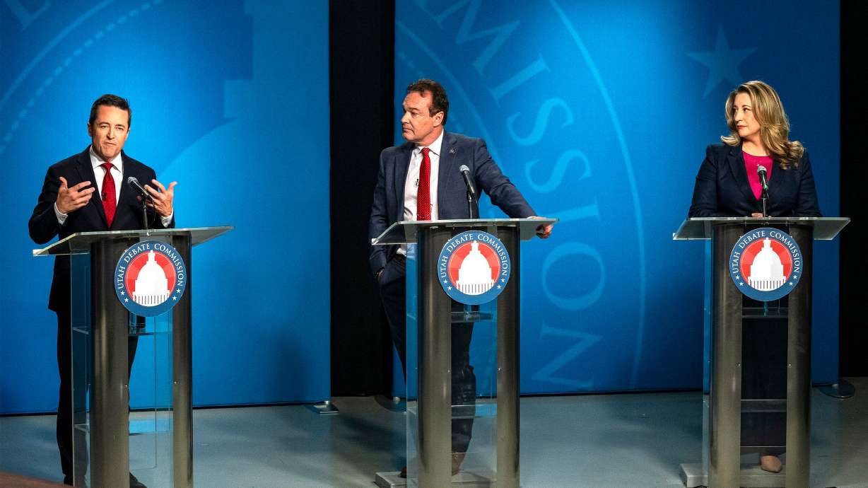 The attorney general GOP primary debate between Derek Brown, Frank Mylar and Rachel Terry, at the KUED studio in Salt Lake City on Tuesday.
