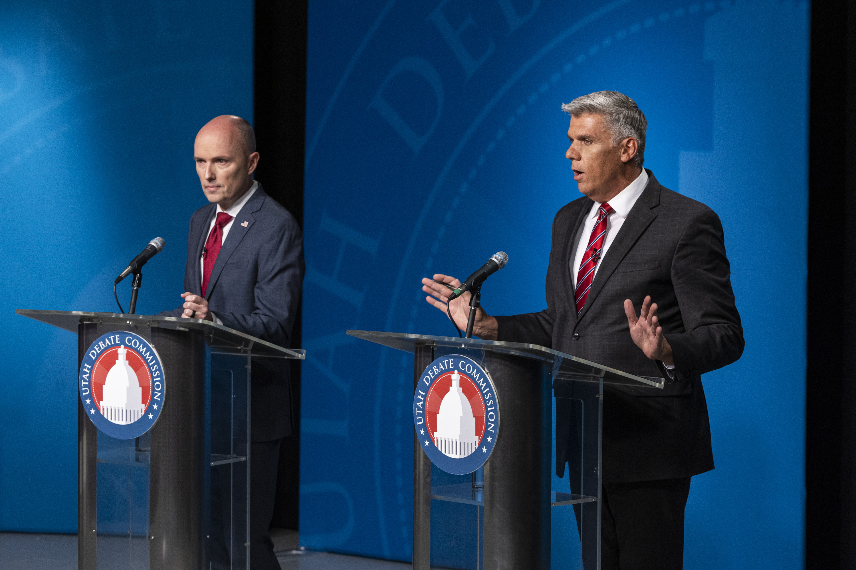 Utah Rep. Phil Lyman speaks as he debates with incumbent Gov. Spencer Cox during Utah’s gubernatorial GOP primary debate held at the Eccles Broadcast Center in Salt Lake City on Tuesday. 