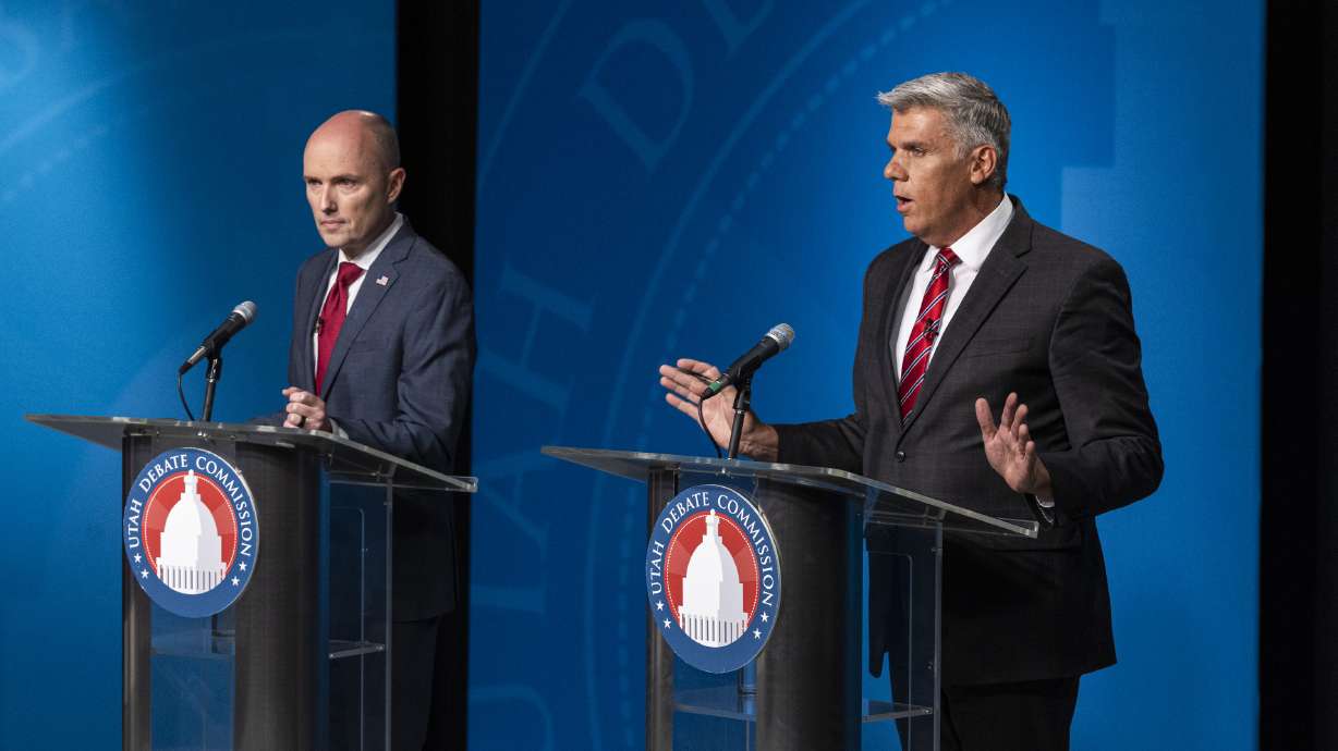 Utah Rep. Phil Lyman speaks as he debates with incumbent Gov. Spencer Cox during Utah’s gubernatorial GOP primary debate held at the Eccles Broadcast Center in Salt Lake City on Tuesday.