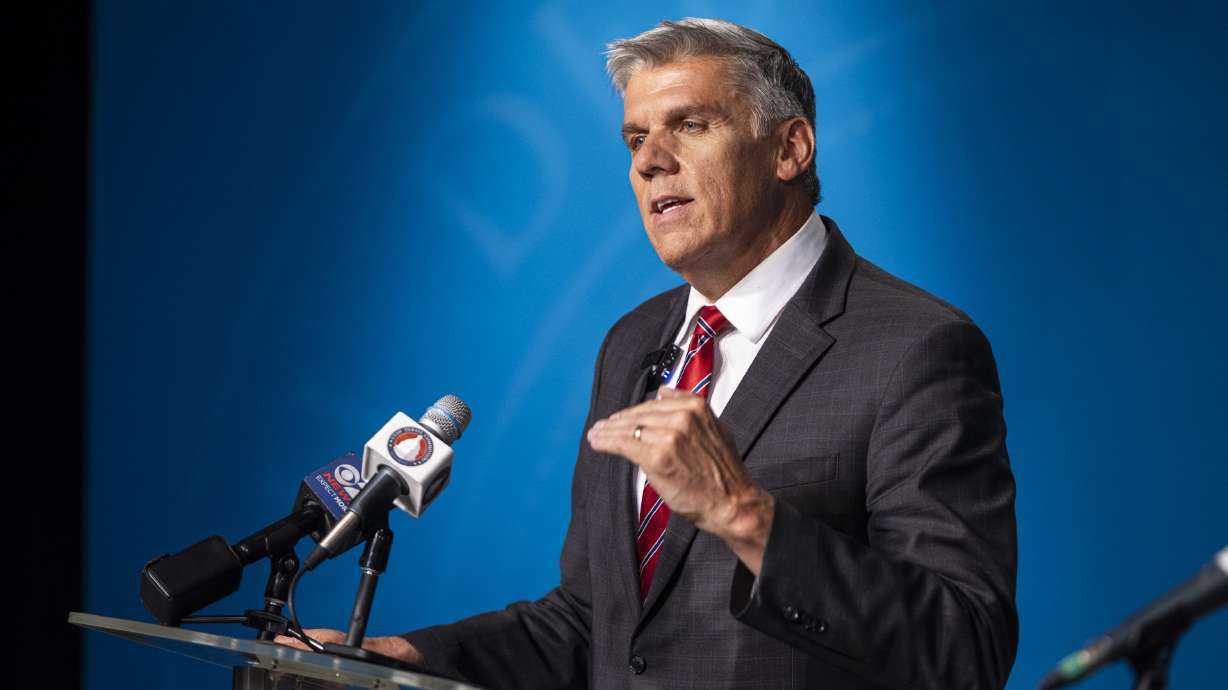 Utah Rep. Phil Lyman speaks to the media on June 11. Lyman on Thursday asked the Utah Supreme Court to throw Gov. Spencer Cox out of office. Cox's campaign called his attempt something seen "in a banana republic" and not the United States.