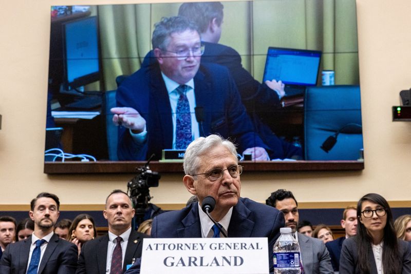 Rep. Thomas Massie questions U.S. Attorney General Merrick Garland in Washington, June 4. The Republican-controlled House voted on Wednesday to hold Garland in contempt.