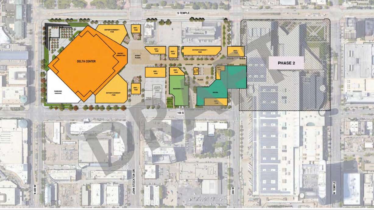 A rendering of a proposed "sports, entertainment, culture and convention center" surrounding a renovated Delta Center unveiled on June 11. New details about a proposed agreement with Salt Lake City were released on Tuesday.