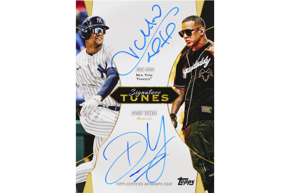 This image provided by Topps, shows a Topps Series 2: Signature Tunes Card. The Soto-Daddy Yankee collaboration is one of two “Signature Tunes” cards that are part of the latest edition of Topps Series 2 as the famed card company shines a light on players and the artists behind their walk-up music.