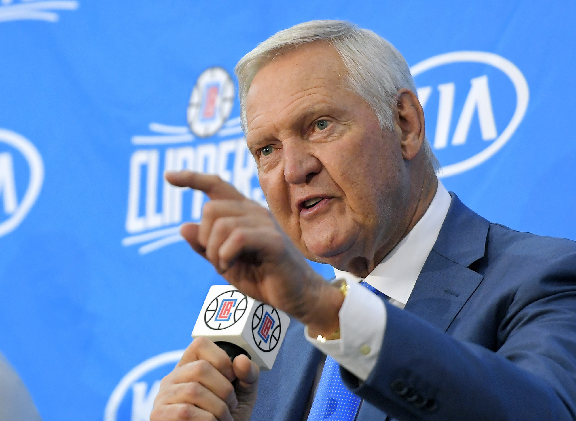 FILE - Jerry West speaks during a news conference to introduce him as an advisor to the Los Angeles Clippers, in Los Angeles, June 19, 2017. Jerry West, who was selected to the Basketball Hall of Fame three times in a storied career as a player and executive and whose silhouette is considered to be the basis of the NBA logo, died Wednesday morning, June 12, 2024, the Los Angeles Clippers announced. He was 86.