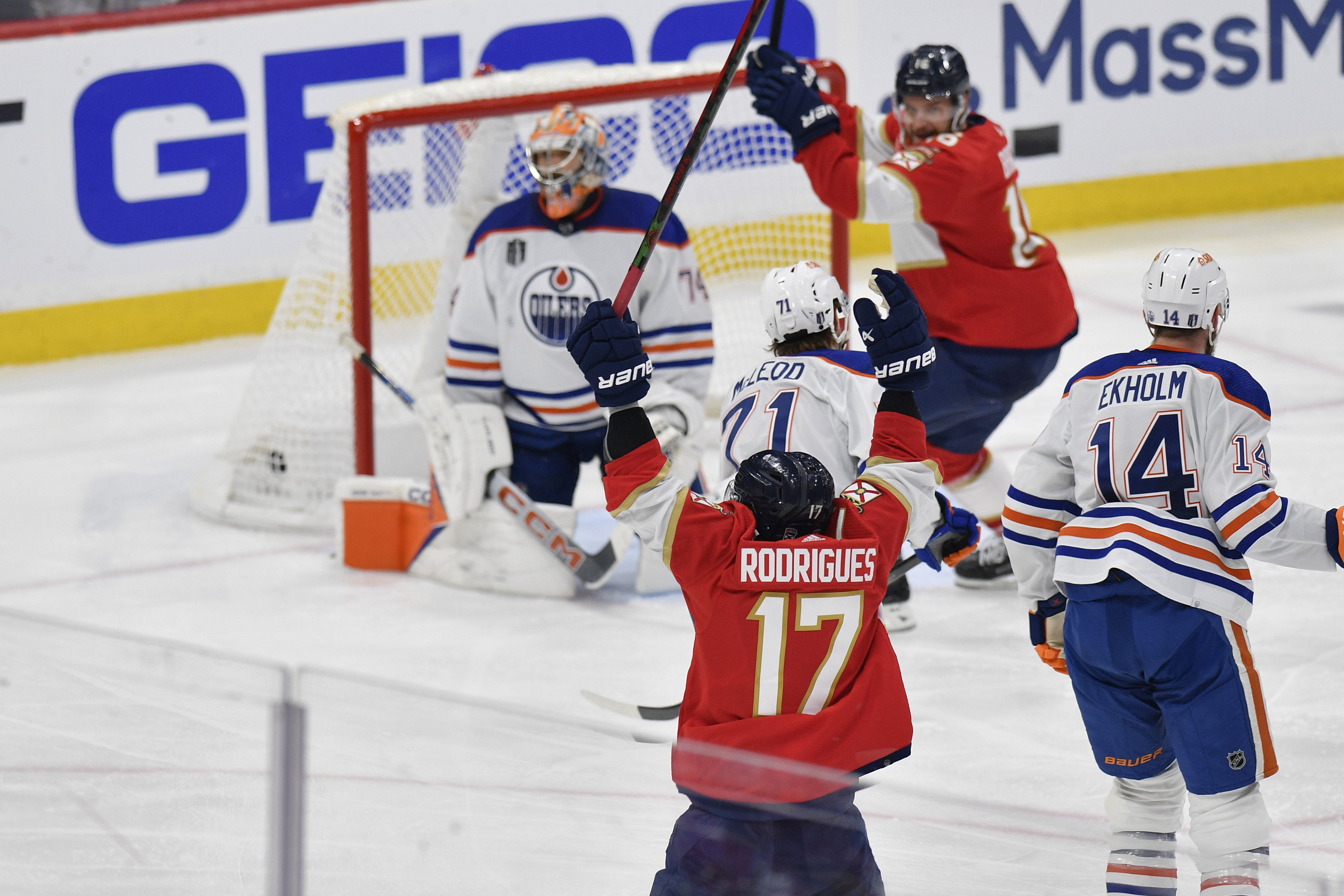Florida Panthers center Evan Rodrigues (17) celebrates after scoring during the third period of Game 2 of the NHL hockey Stanley Cup Finals against the Edmonton Oilers, Monday, June 10, 2024, in Sunrise, Fla.