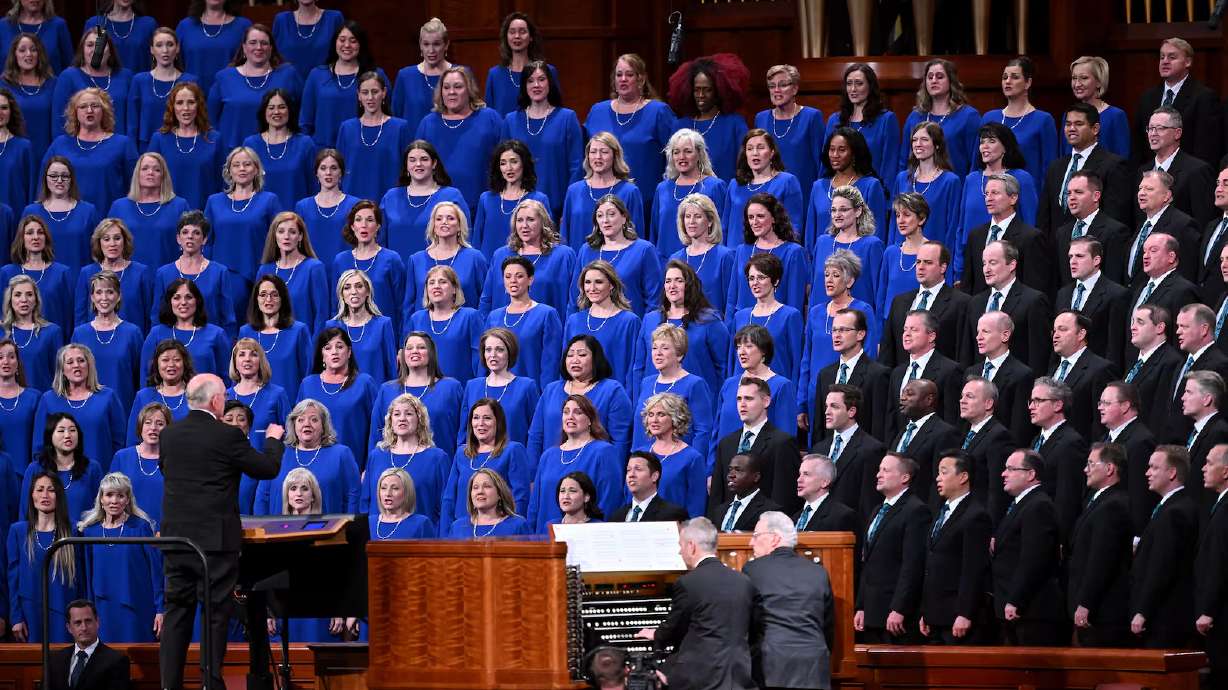Tabernacle Choir members sing at the Conference Center in Salt Lake City on April 7. The choir will travel to Florida and Georgia for two public concerts and one private performance.