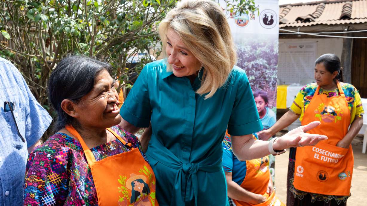 Relief Society General President Camille N. Johnson speaks with a woman in Chimaltenango, Guatemala, on May 31. She visited Guatemala to observe some of the work initiated by the church in 2023 to help women and children.