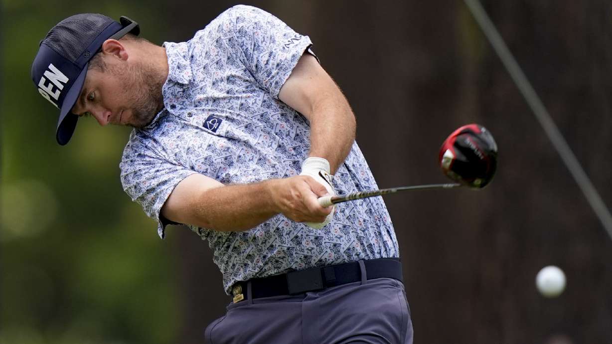 Colin Prater hits his tee shot on the 10th hole during a practice round for the U.S. Open golf tournament Wednesday, June 12, 2024, in Pinehurst, N.C.