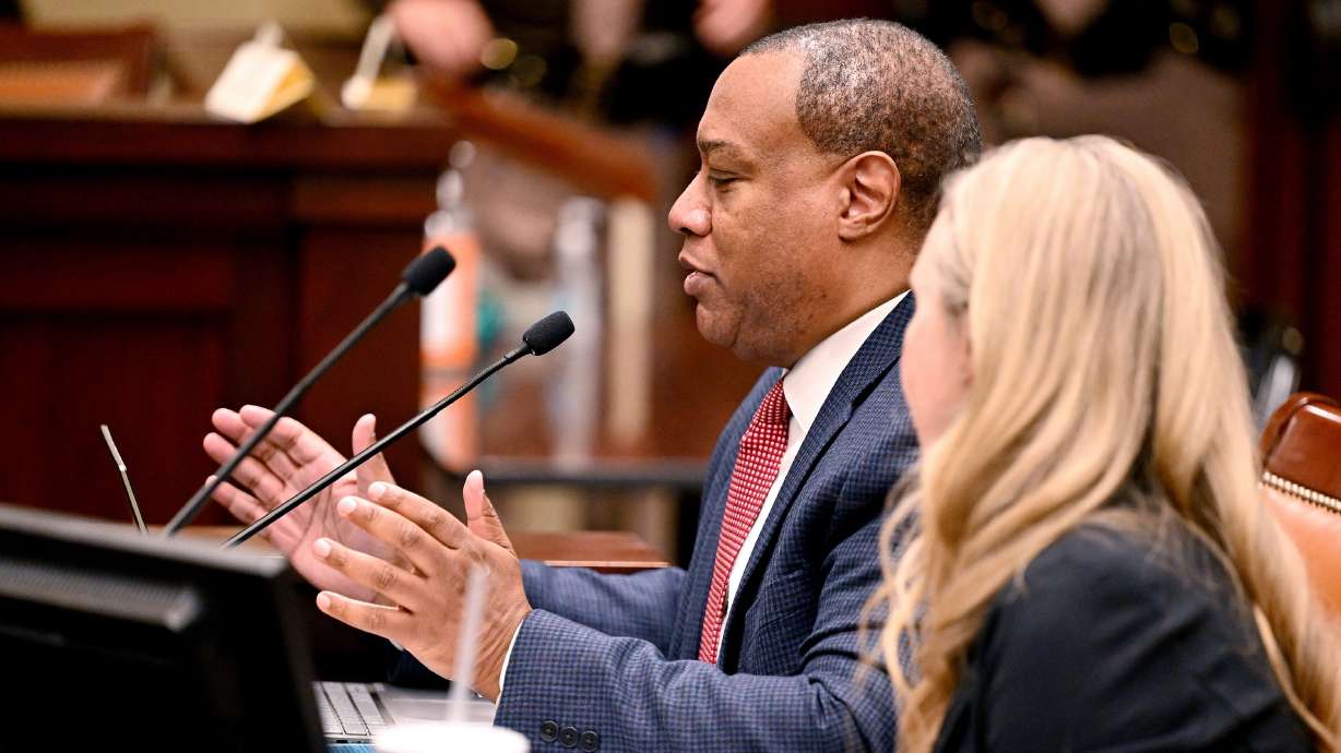 Former Utah GOP Chairman James Evans speaks in favor of HB261 as bill sponsor Rep. Katy Hall, R-South Ogden, looks on Jan. 22. A form has been created to allow the public to report violations of the state's new diversity law.