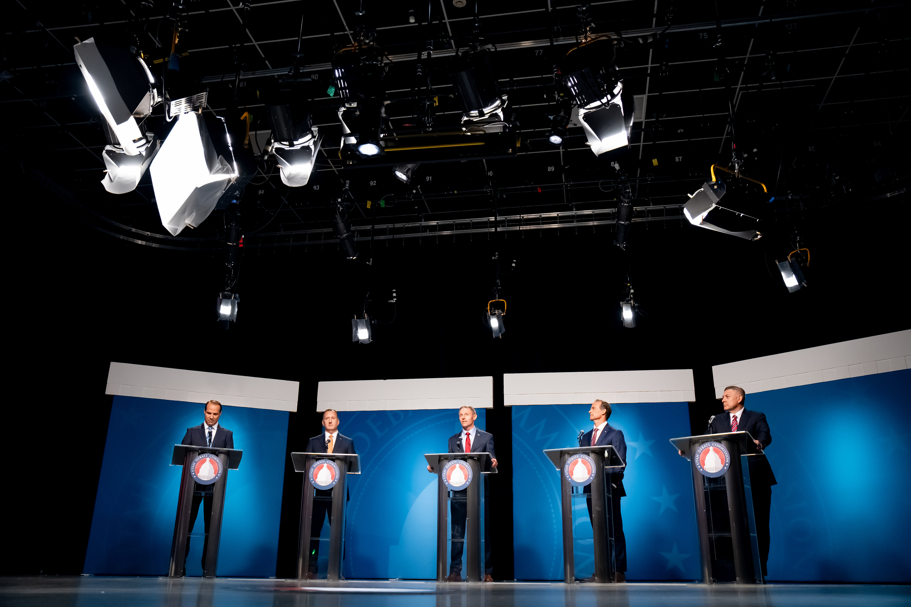 Candidates for the Republican primary's Utah’s 3rd Congressional District in a televised debate at the Eccles Broadcast Center in Salt Lake City, Wednesday. From left to right: JR Bird, John Dougall, Mike Kennedy, Case Lawrence and Stewart Peay.